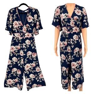 June & Hudson Jumpsuit Medium Navy Pink Cropped Wide Leg Dolman Sleeve